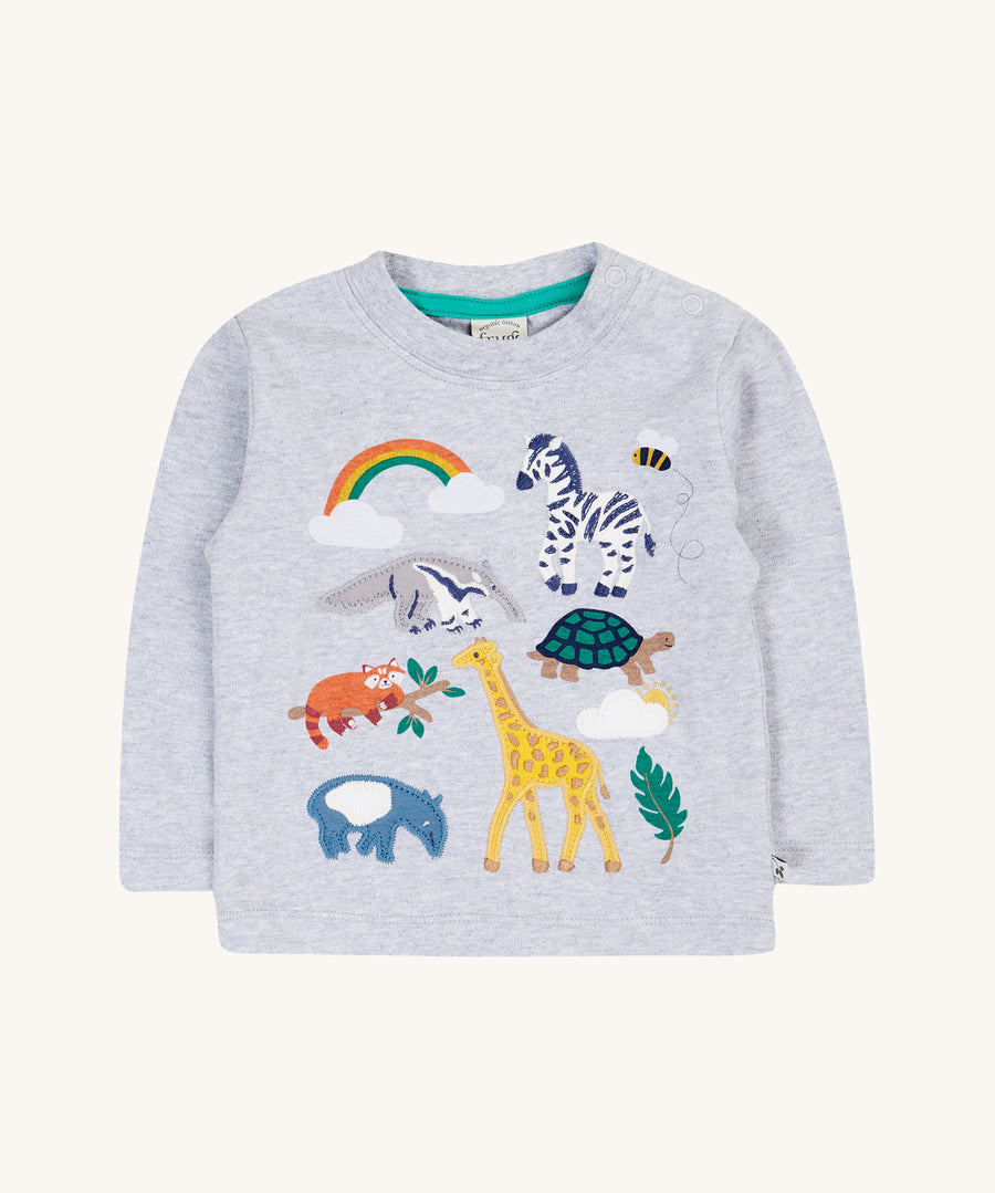 Frugi Adventure Applique Top - Grey Marl/Go Wild Animals. A grey long sleeve top, made from organic cotton with wild animal appliques on the front