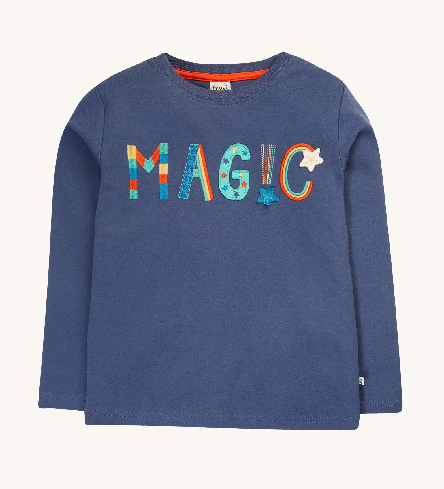 Frugi Adventure Applique Top - Navy Blue/Magic. A long sleeve navy top made from organic cotton, with rainbow embroidered and applique magic letters on the front