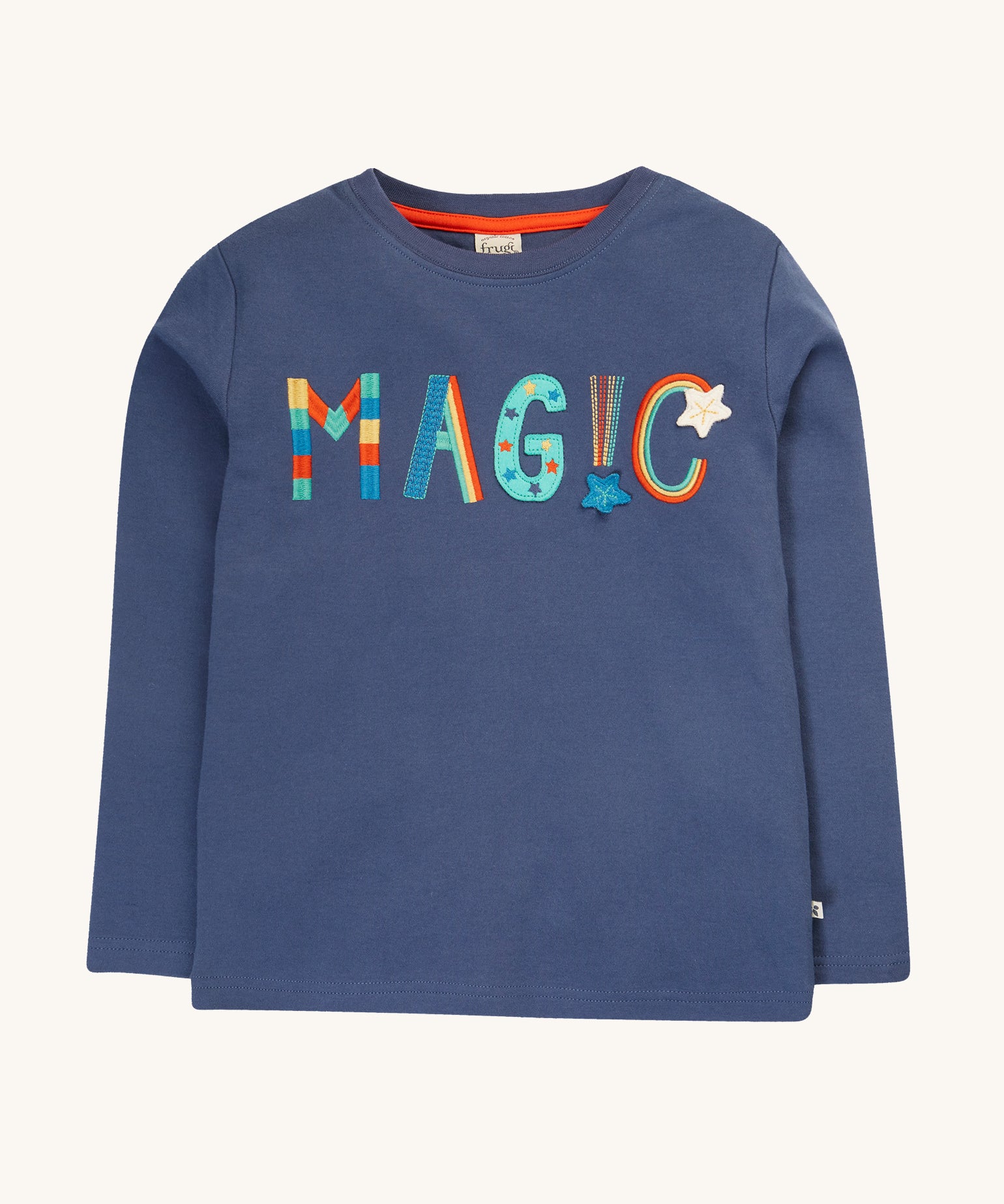 Frugi Adventure Applique Top - Navy Blue/Magic. A long sleeve navy top made from organic cotton, with rainbow embroidered and applique magic letters on the front