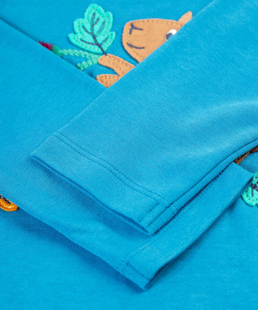 A closer look at the sleeves on the Frugi Adventure Applique Top - Deep Water/Squirrel