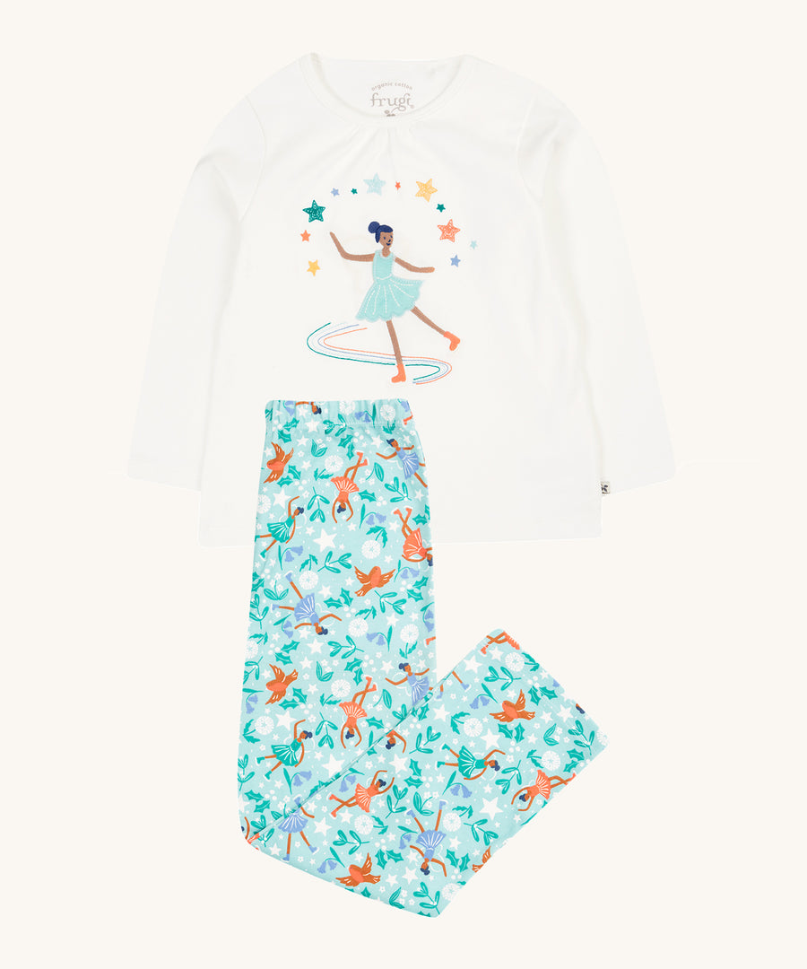 Frugi Alana Pyjamas - Glacier Enchanted Forest/Skater. Made from organic cotton, long sleeve pyjama top and full length pyjama bottoms in enchanted forest print