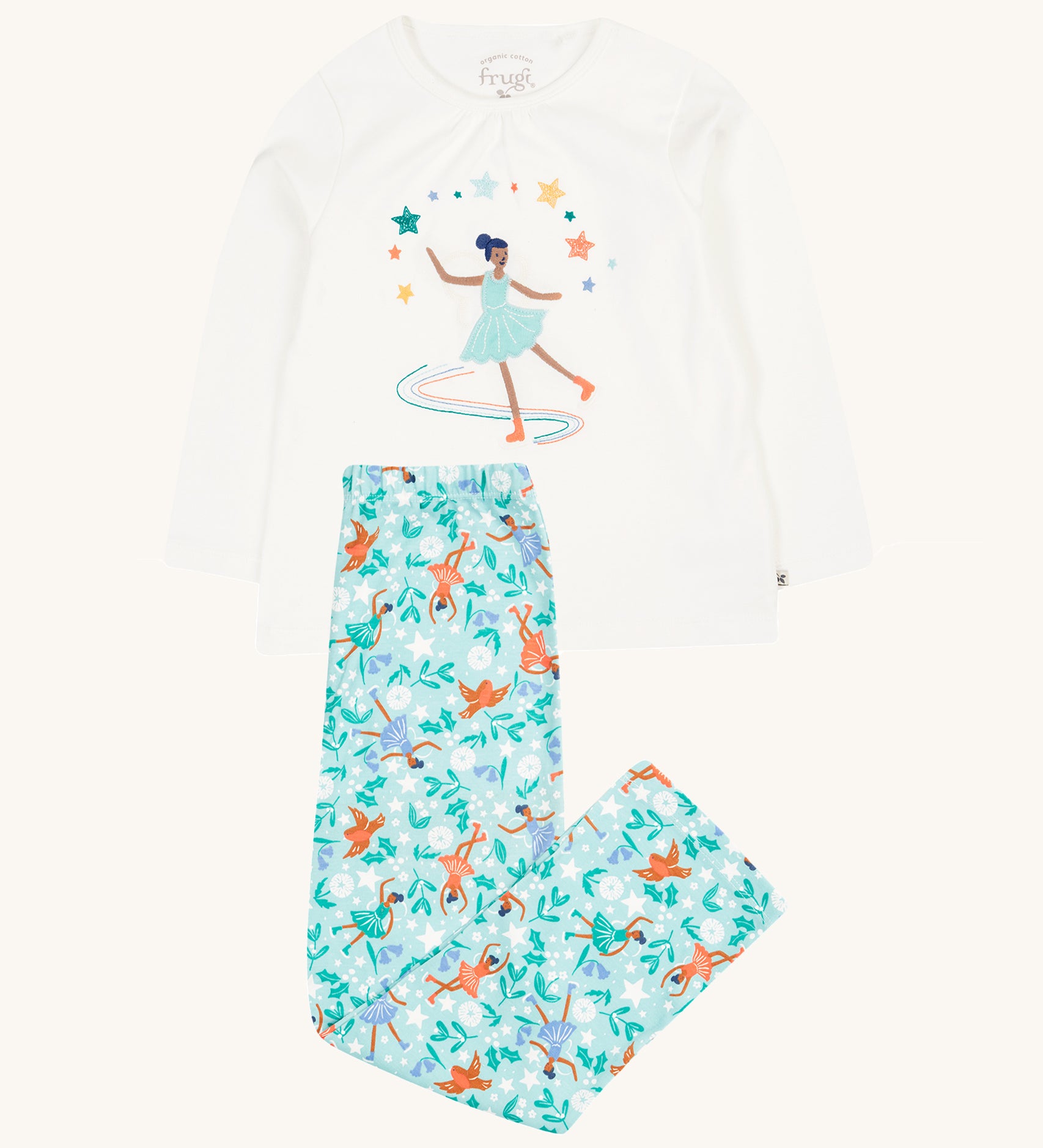 Frugi Alana Pyjamas - Glacier Enchanted Forest/Skater. Made from organic cotton, long sleeve pyjama top and full length pyjama bottoms in enchanted forest print