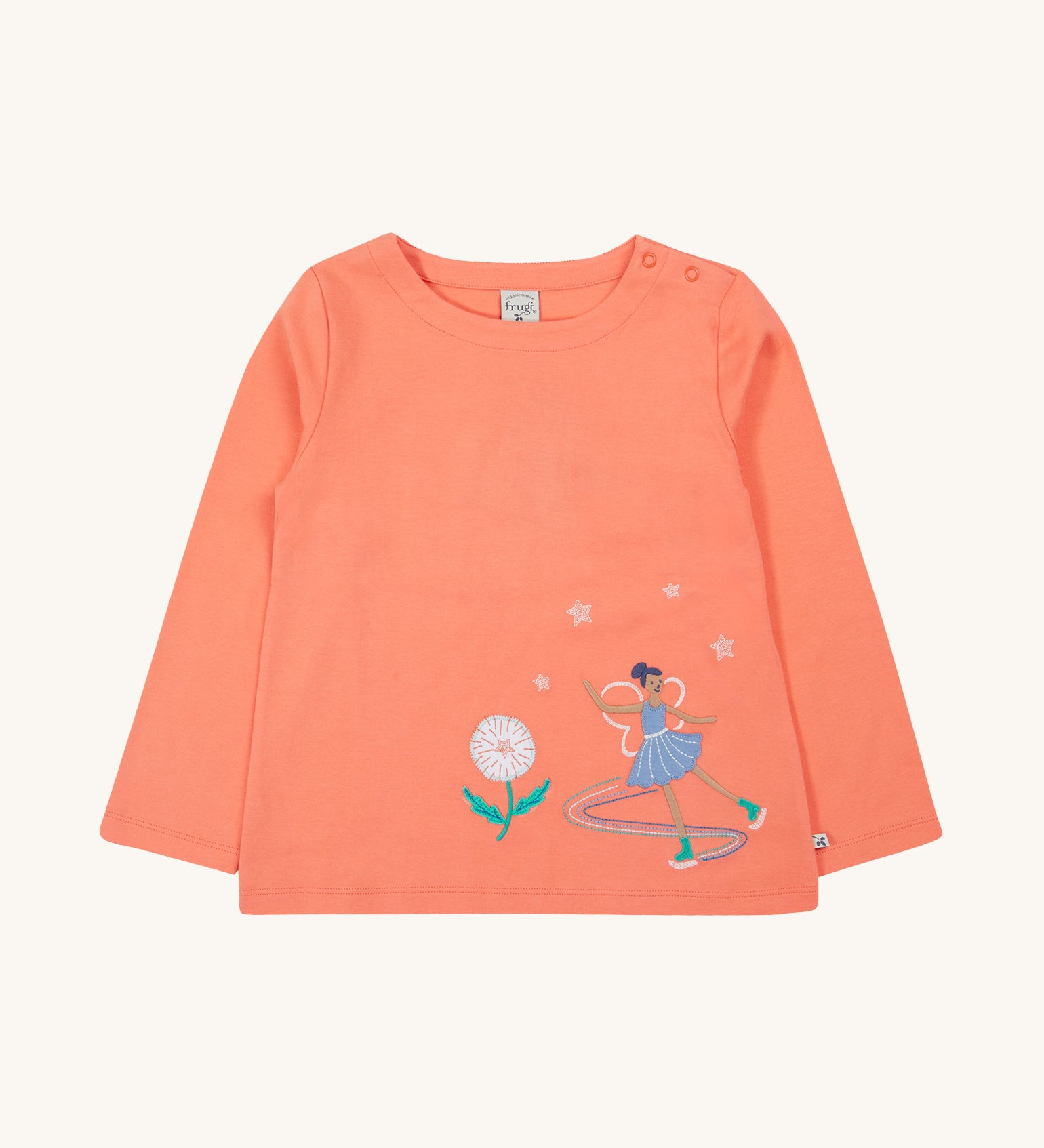 Frugi Anna Applique Top - Cantaloupe/Fairy. Made from orgaic cotton, this long-sleeved Anna Appliqué Top from Frugi, in Cantaloupe, has a Fairy appliqué on the front