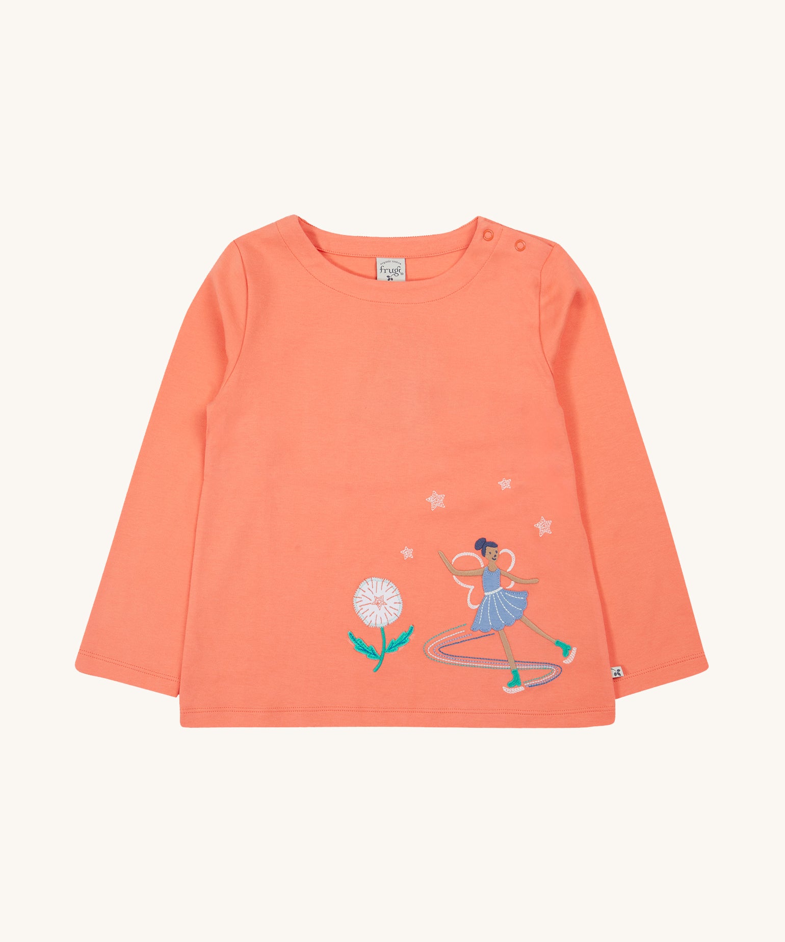 Frugi Anna Applique Top - Cantaloupe/Fairy. Made from orgaic cotton, this long-sleeved Anna Appliqué Top from Frugi, in Cantaloupe, has a Fairy appliqué on the front