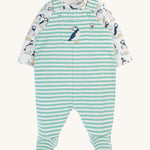 Frugi Footed Dungaree Gift Set - Puffin Pals/Moss Stripe