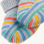 A closer look at the knit pattern and stripes on the Frugi Briar Knitted Booties - Grey Marl Stripe