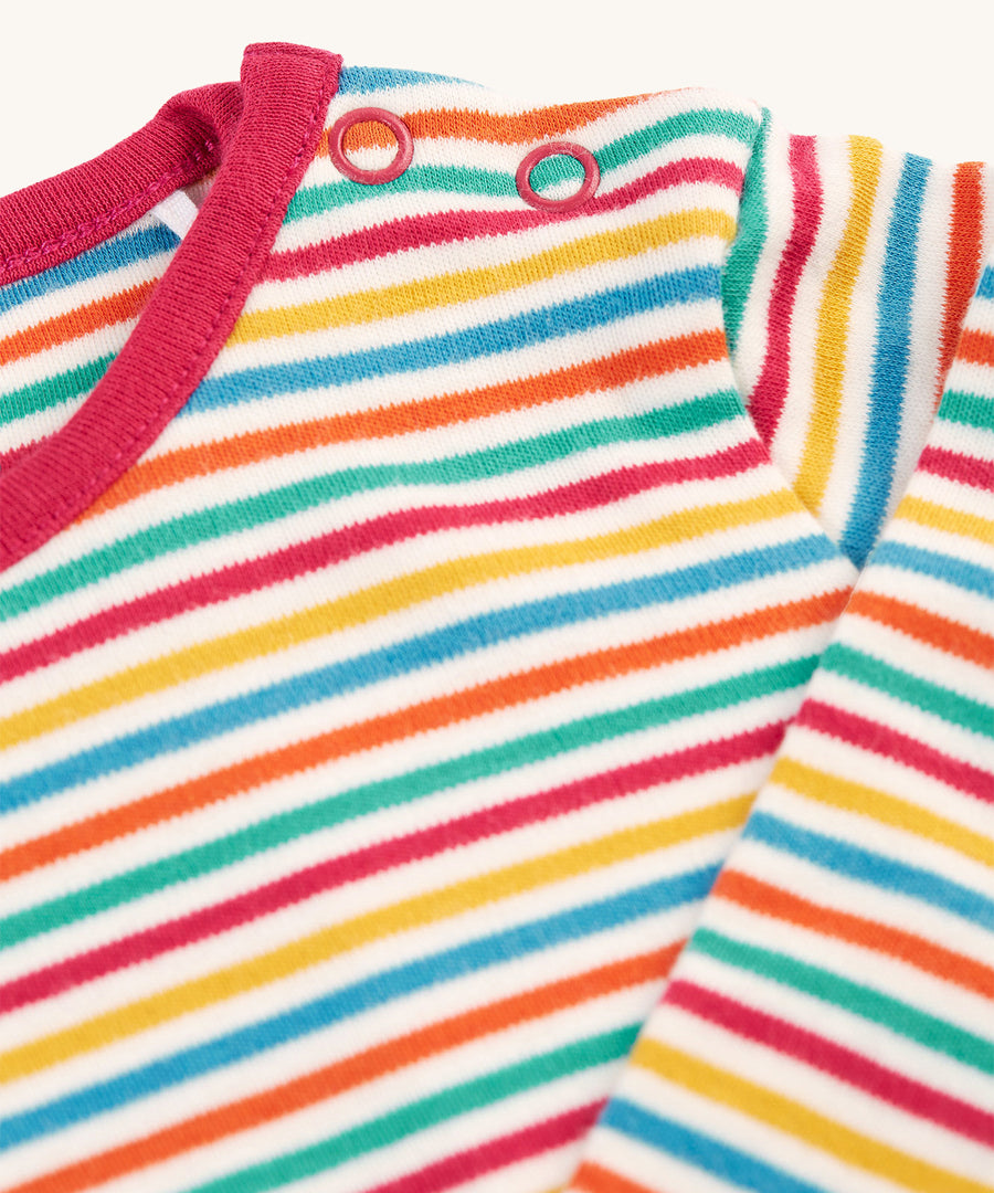 A look at the shoulder poppers on the Frugi Betty Body - Lingonberry Multi-Stripe