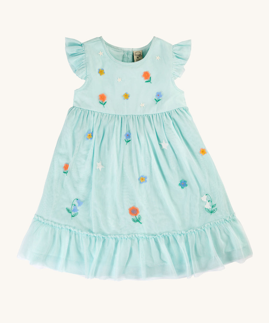 Frugi Tilda Tulle Dress - Glacia/Floral. A soft tulle netting and satin lined dress, in a light blue colour and with delicate embroidered flowers and stars.