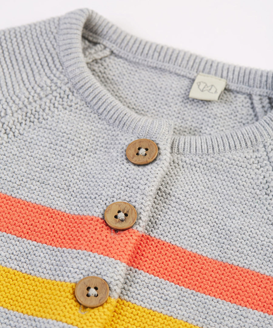 A closer look at the buttons on the Frugi Bright As A Button Cardi - Grey Marl Stripe