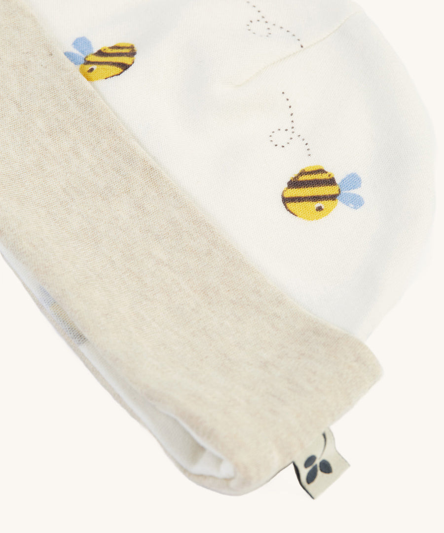 A closer look at the hat on the Frugi Baby Muslin Gift Set - Buzzy Bee