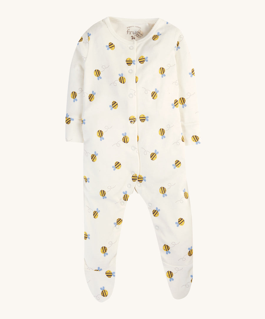 The baby grow from the Frugi Baby Gift Set - Buzzy Bee, in a cream cotton fabric and happy yellow bee print