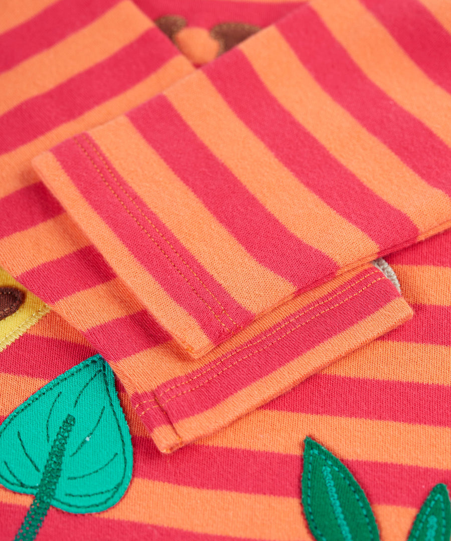 A closer look at the striped sleeves on the Frugi Bobby Applique Top - Cantaloupe Stripe/Giraffe