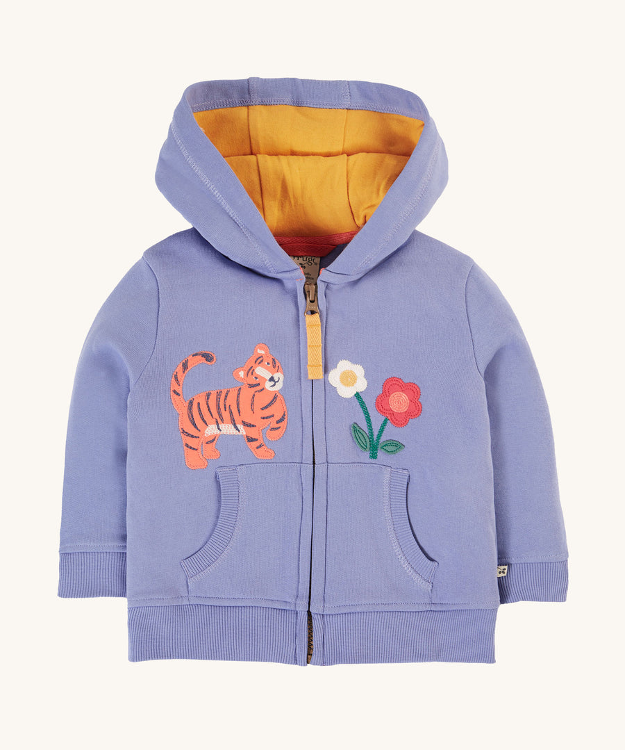 Frugi Carbis Hoodie - Grape/Tiger. Made from lilac soft, organic cotton, with a gold hood lining, pocket and a tiger and flower applique on the front of the hoodie