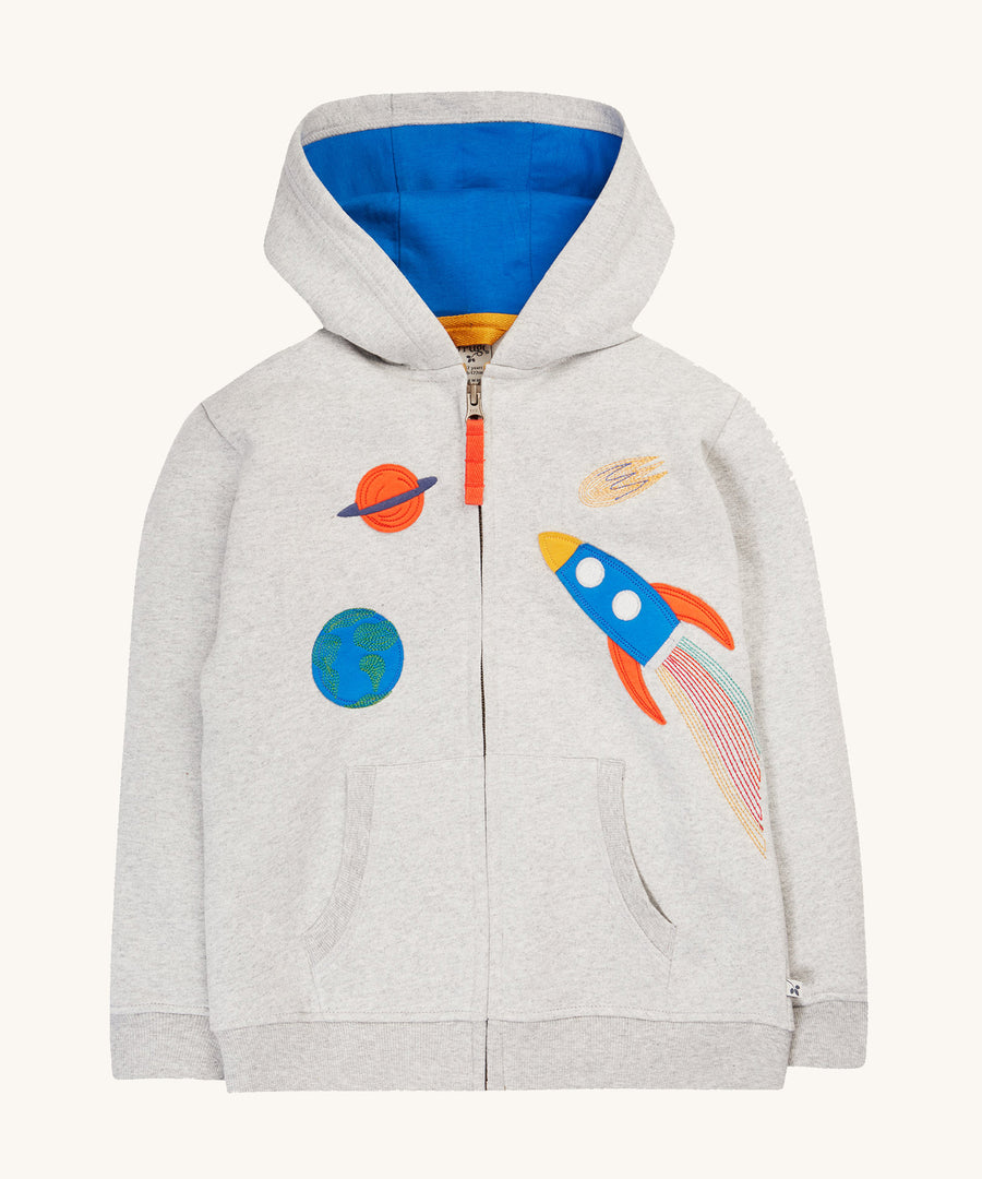 Frugi Carbis Zip Hoodie - Grey Marl/Rocket. Made from soft  organic cotton. With a Rocket and planets appliqué on the front, two pockets, a snuggly lining in the hood and stretchy rib cuffs and hem for extra warmth