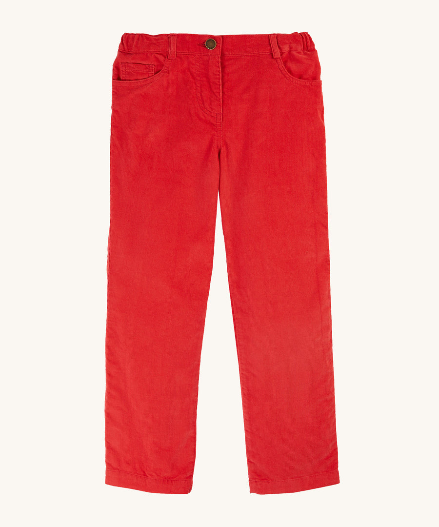 Frugi Clover Slim Cord Trousers - True Red. Made from soft and durable organic cotton cord and feature an adjustable waistband with keyhole elastic button, and pockets on the front and back