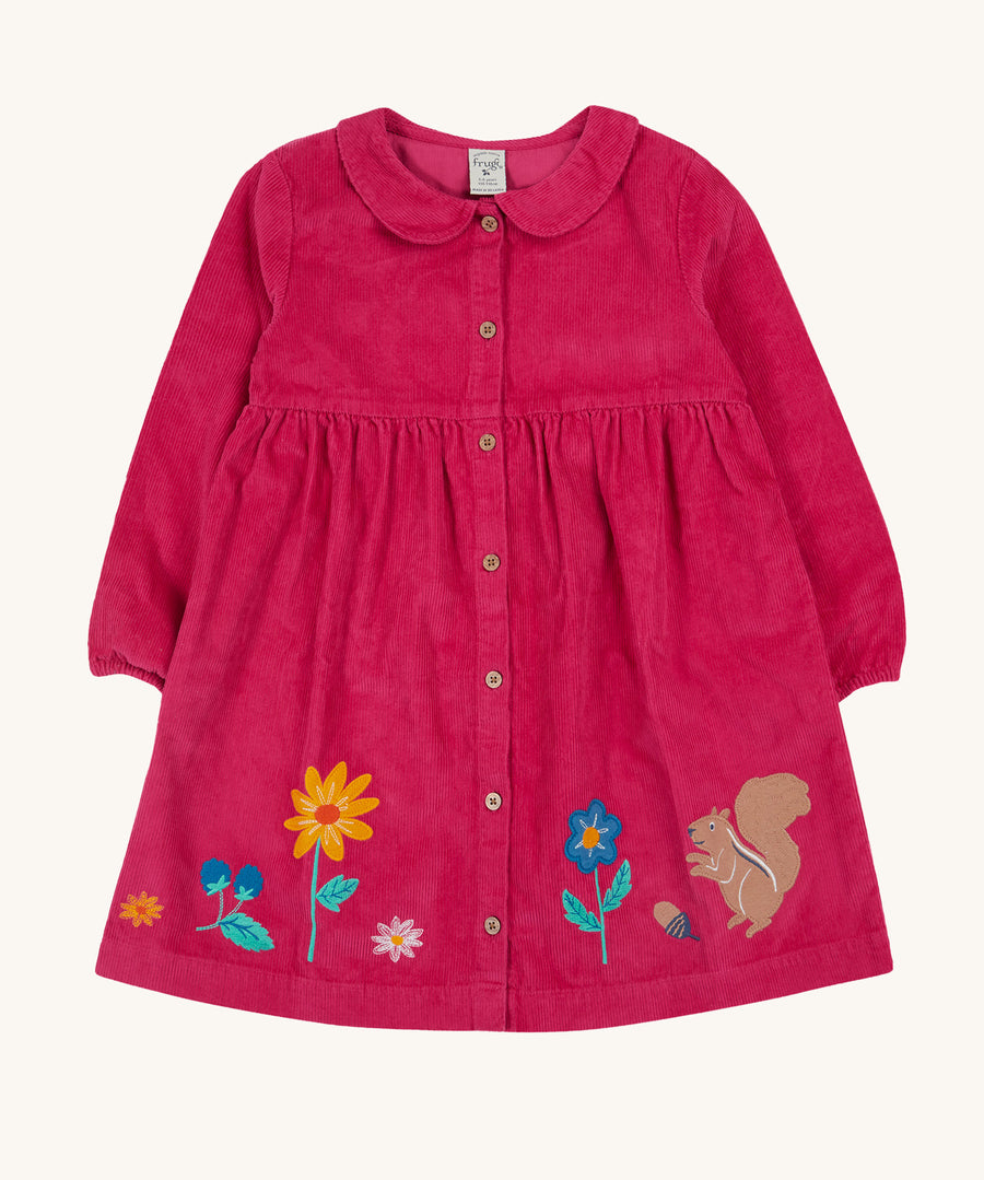 Frugi Coco Cord Dress - Lingonberry/Squirrel. A bright pink, button up  cord dress, with squirrel and flower applique details