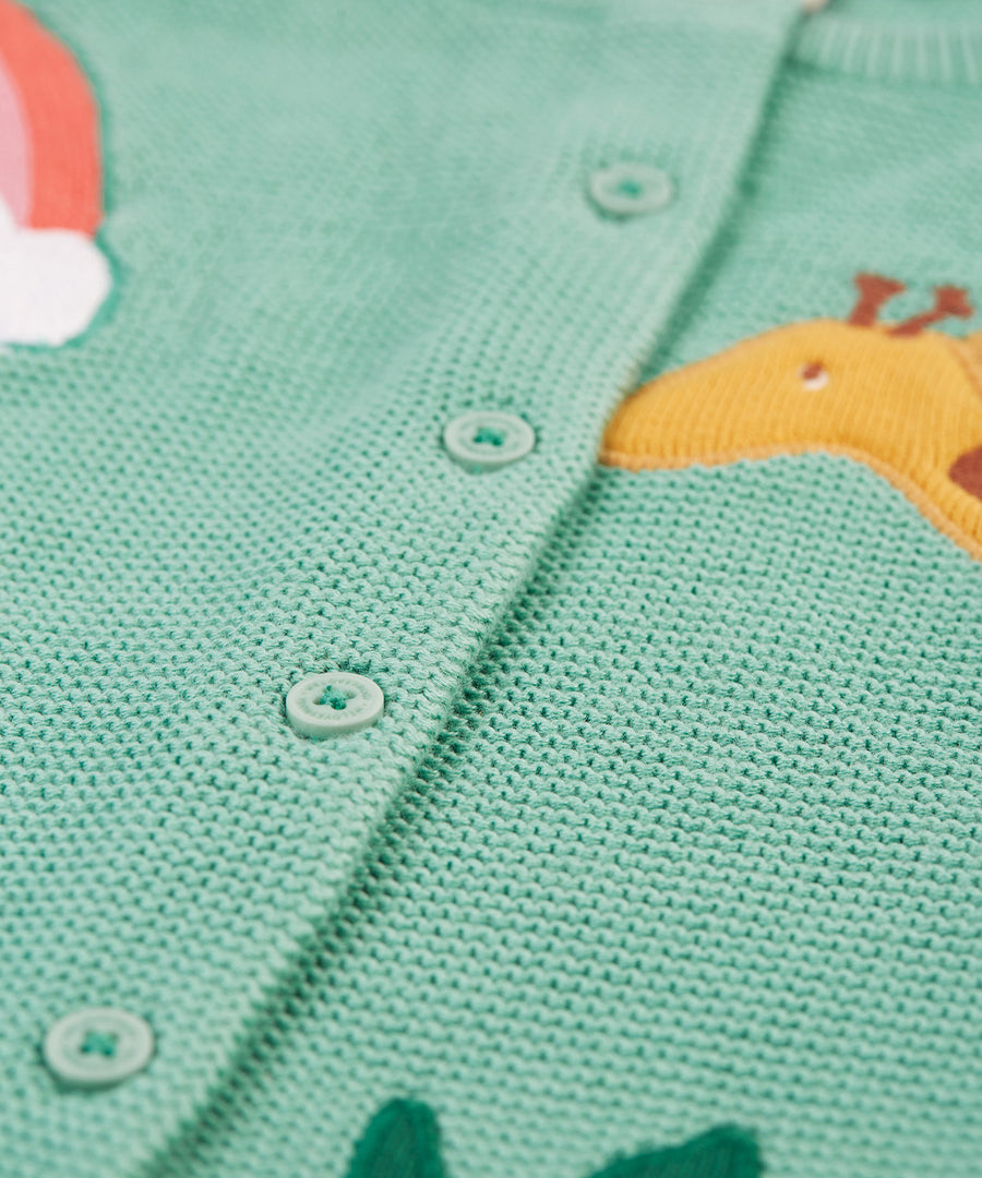 A closer look at the buttons on the Frugi Colby Cardigan - Moss/Giraffe