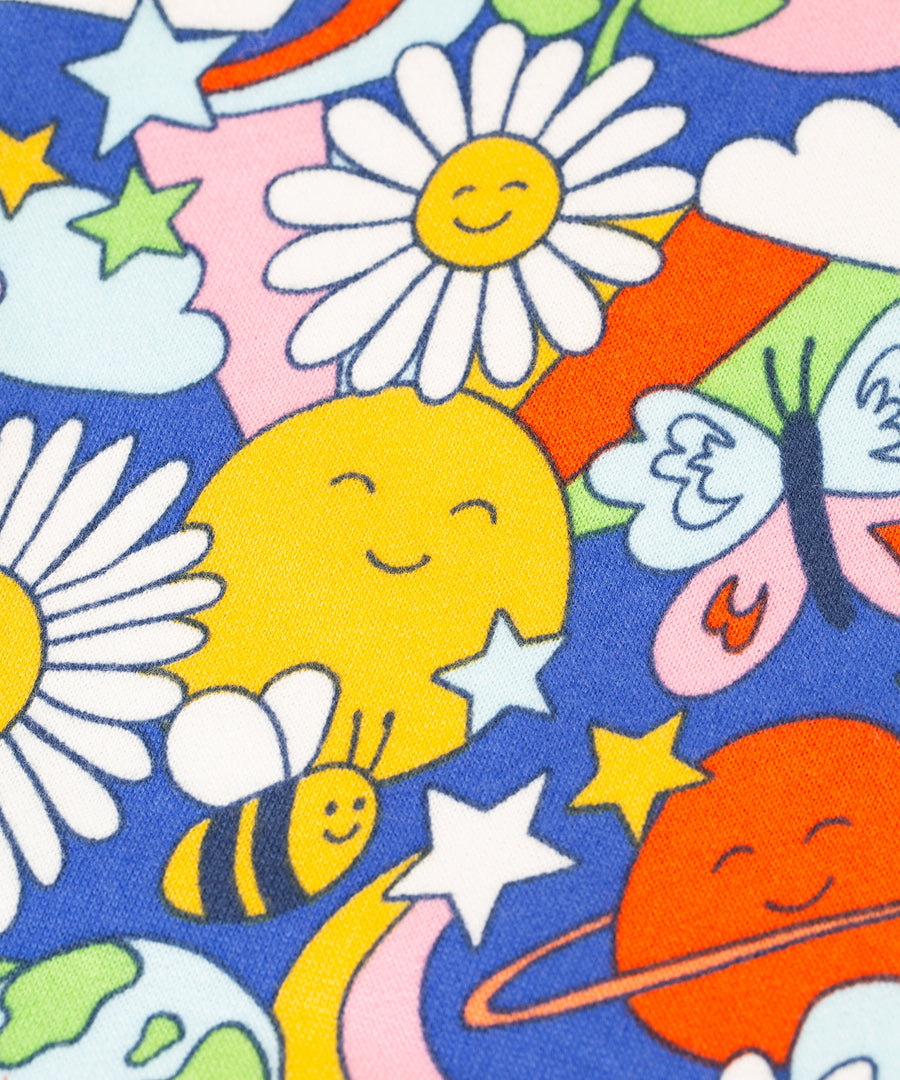 A closer look at the Frugi Superb Sweatshirt - Retro Happy. The image shows smiling flowers, bees, planets, butterflies, rainbows stars and clouds