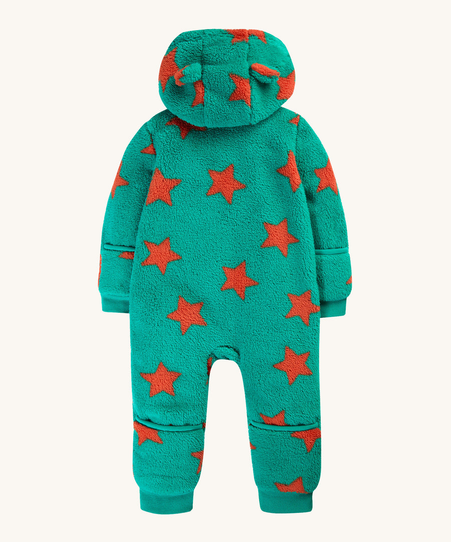 The back of the Frugi Cosy Ted Snuggle Suit - Bonfire Stars, showing the hood, green fleece with orange stars