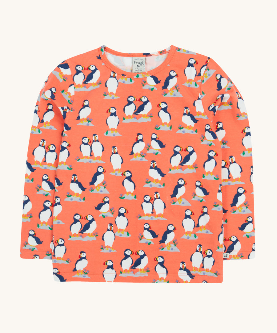 Frugi Bryher Top - Puffin Pals. A lovely peach top with fun Frugi puffin print