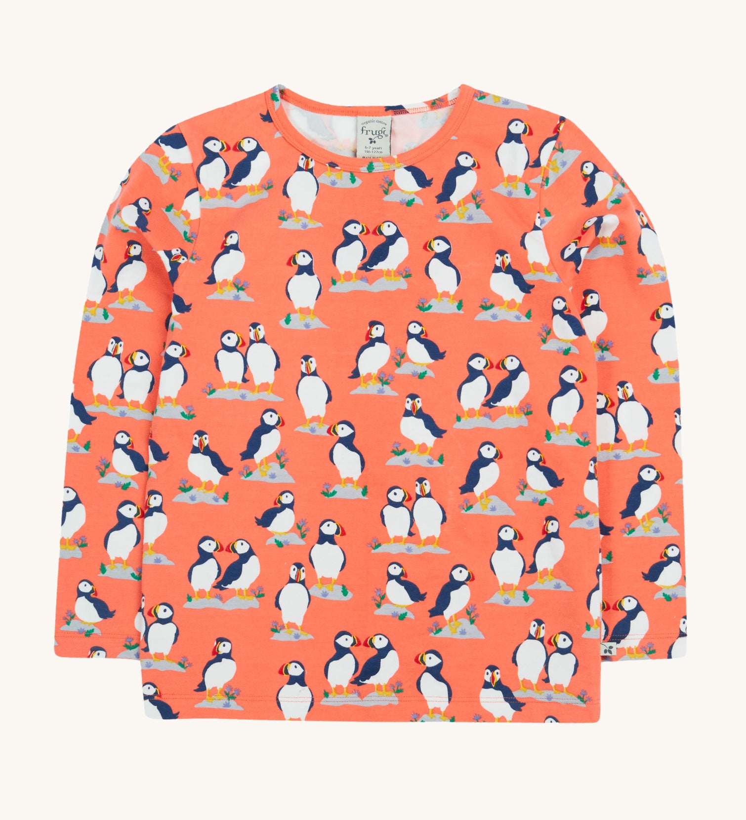 Frugi Bryher Top - Puffin Pals. A lovely peach top with fun Frugi puffin print