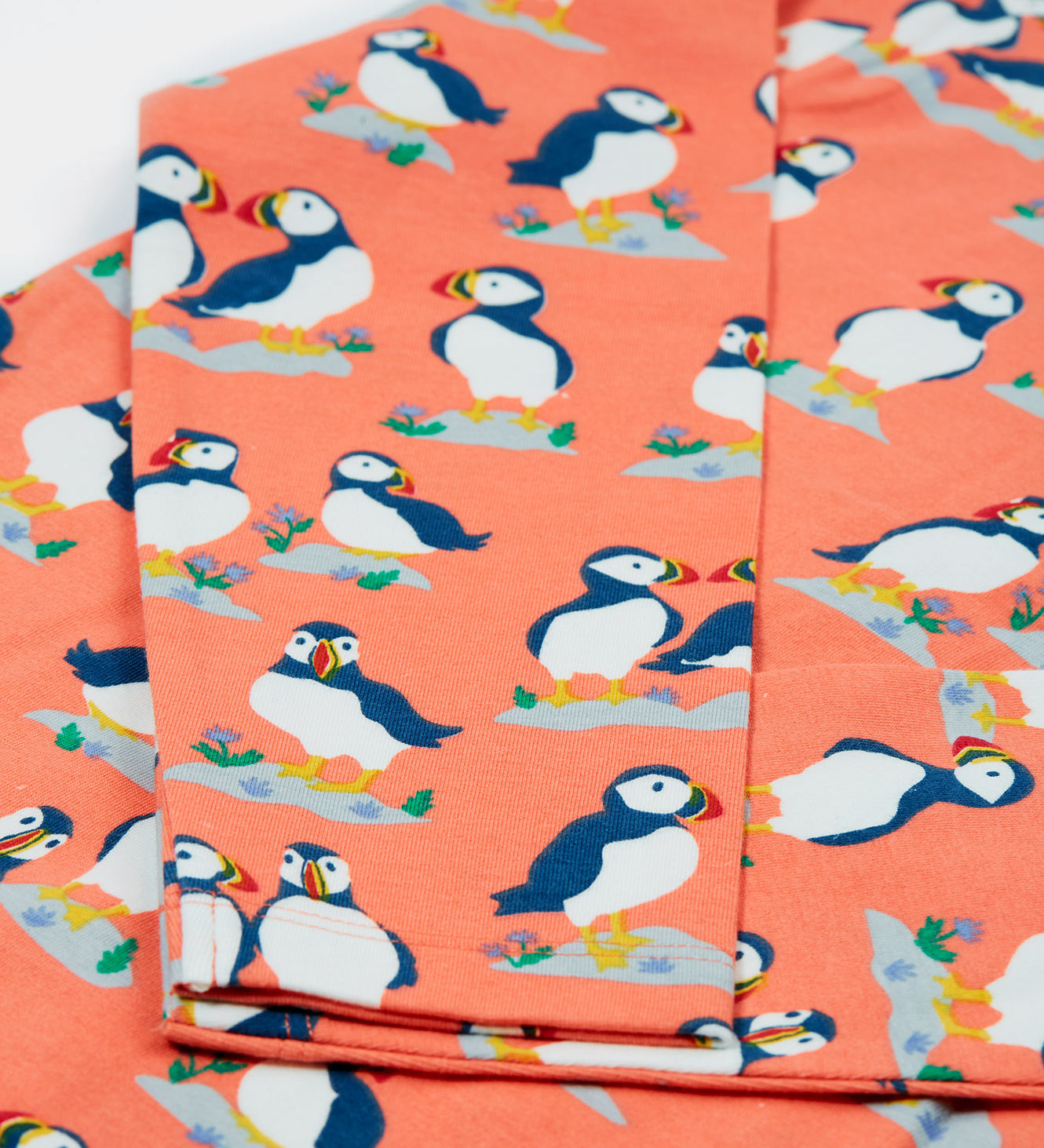 A closer look at the sleeves and puffin print on the Frugi Bryher Top - Puffin Pals