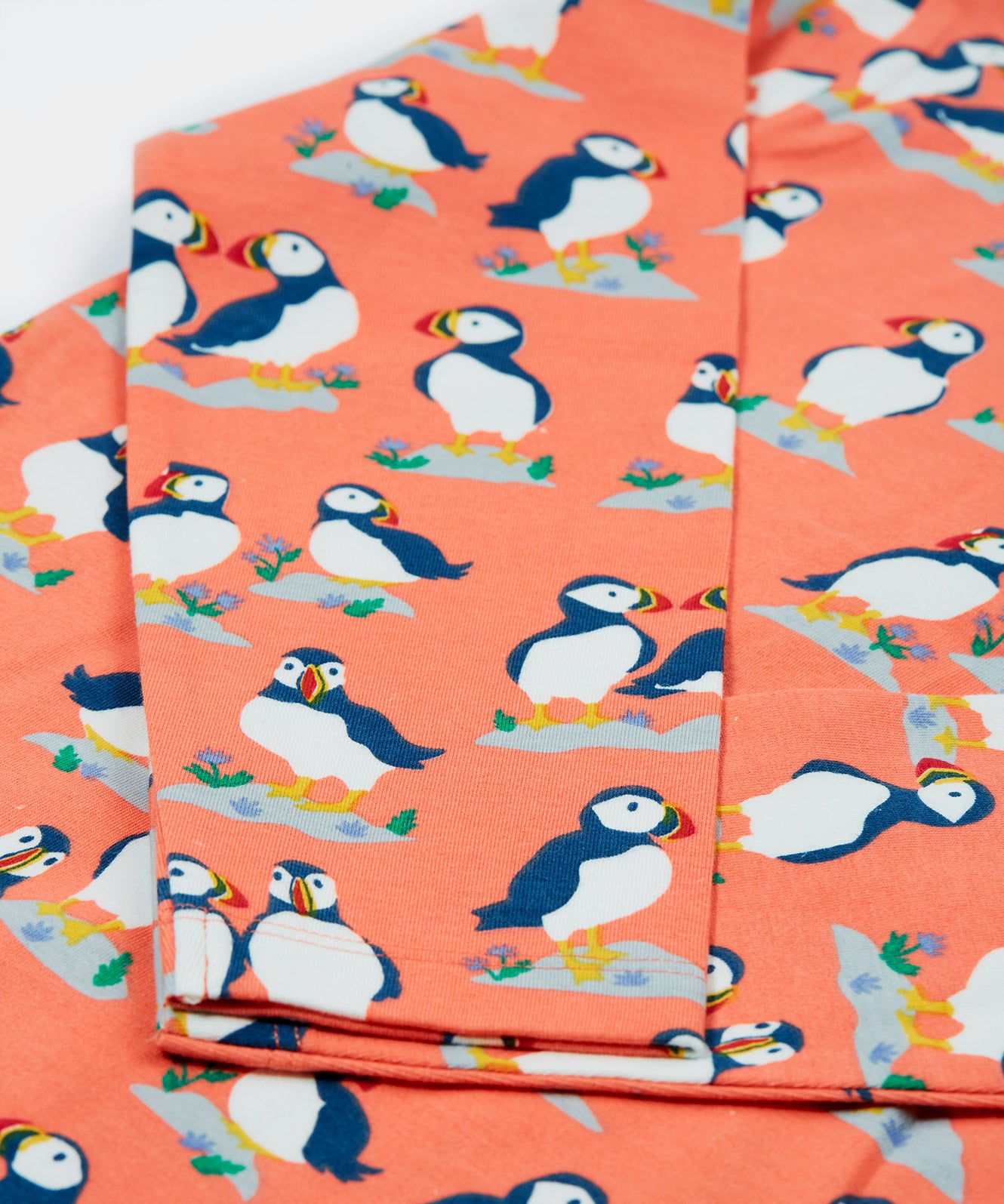 A closer look at the sleeves and puffin print on the Frugi Bryher Top - Puffin Pals