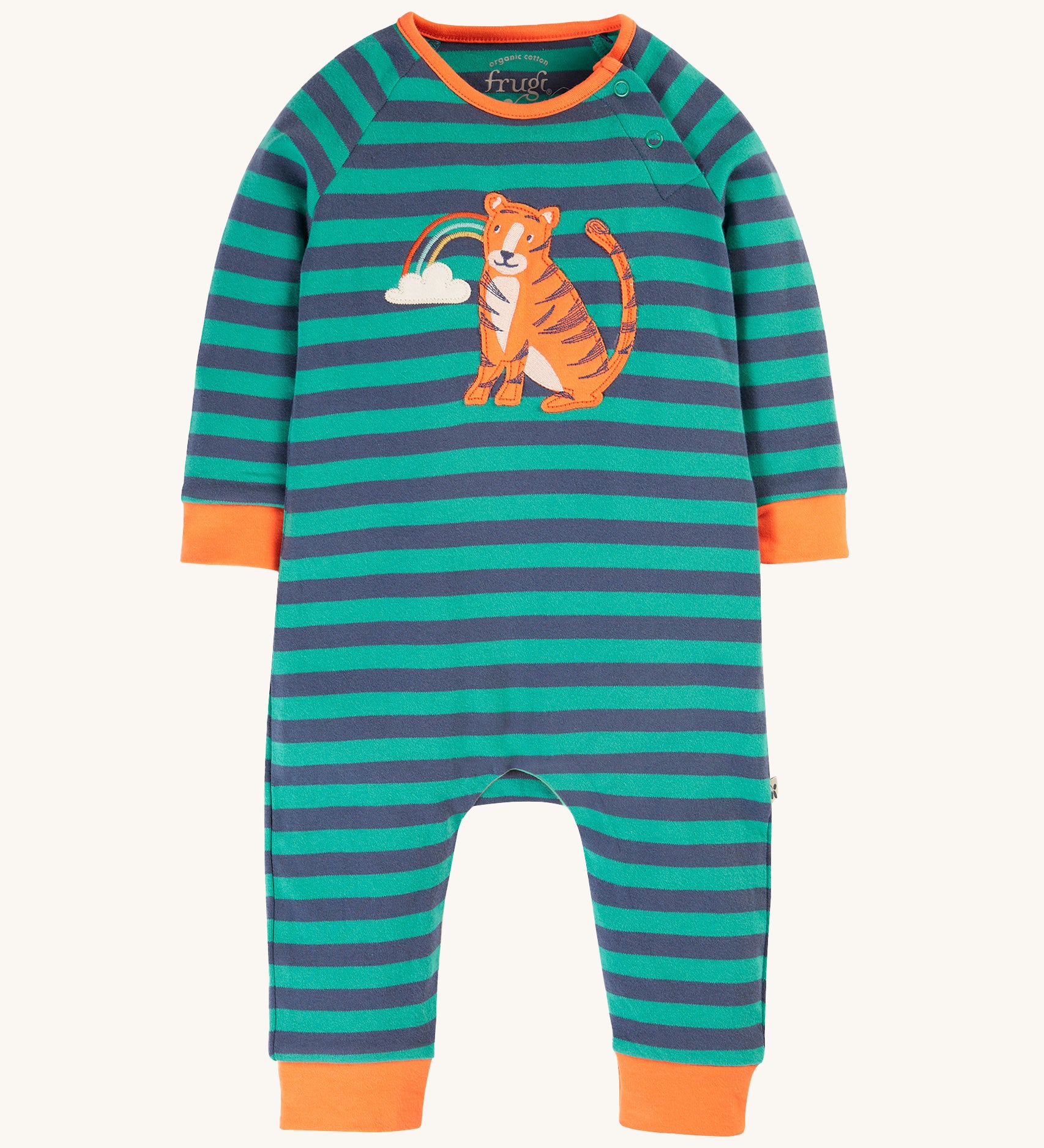 Frugi Rowan Romper - Iguana Stripe/Tiger. A green and navy stripe romper with orange detail and a fun tiger and rainbow applique