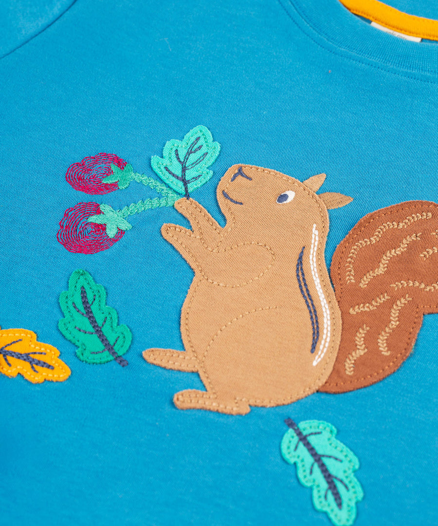 A closer look at the fun squirrel applique and embroidered cherries design on the front of the Frugi Adventure Applique Top - Deep Water/Squirrel