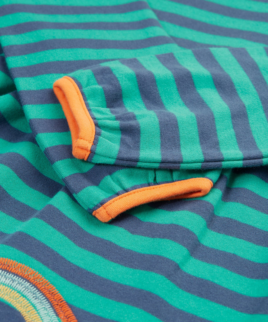 A closer look at the striped sleeves and orange detail on the Frugi Dolcie Dress - Iguana Stripe/Tiger