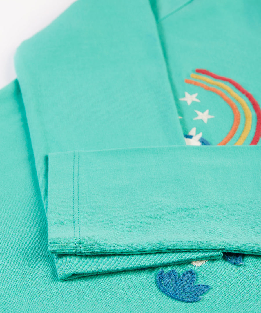 A closer look at the sleeves of the Frugi Anna Applique Top - Pacific Aqua/Horse