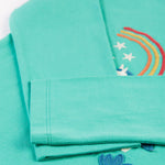 A closer look at the sleeves of the Frugi Anna Applique Top - Pacific Aqua/Horse