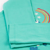 A closer look at the sleeves of the Frugi Anna Applique Top - Pacific Aqua/Horse