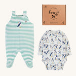 Frugi Footed Dungaree Gift Set - Puffin Pals/Moss Stripe