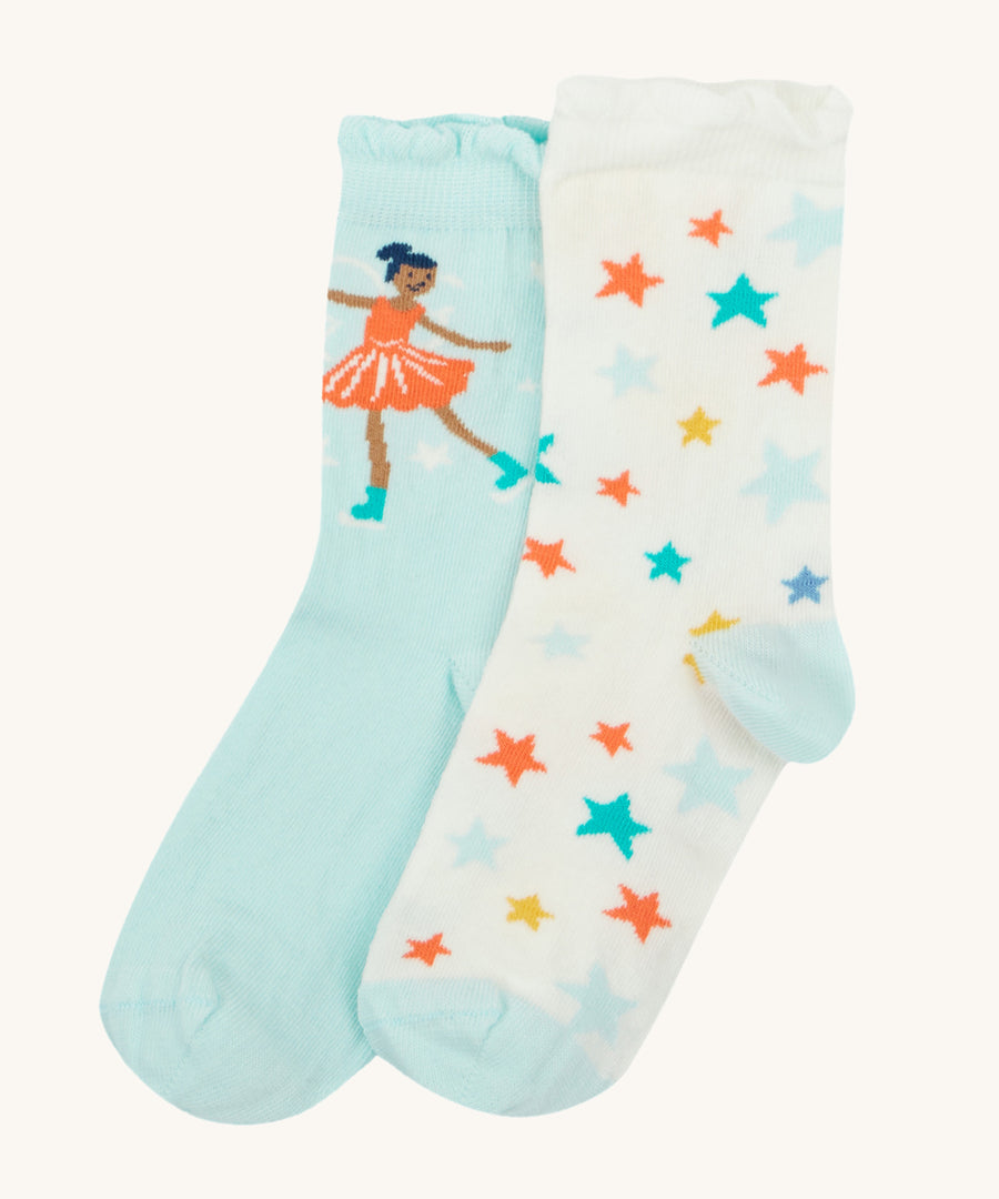 Frugi Frill Socks 2 Pack- Enchanted Forest. Two pairs or organic cotton socks, one in baby blue with an ice skating fairy, and one white with colourful star print