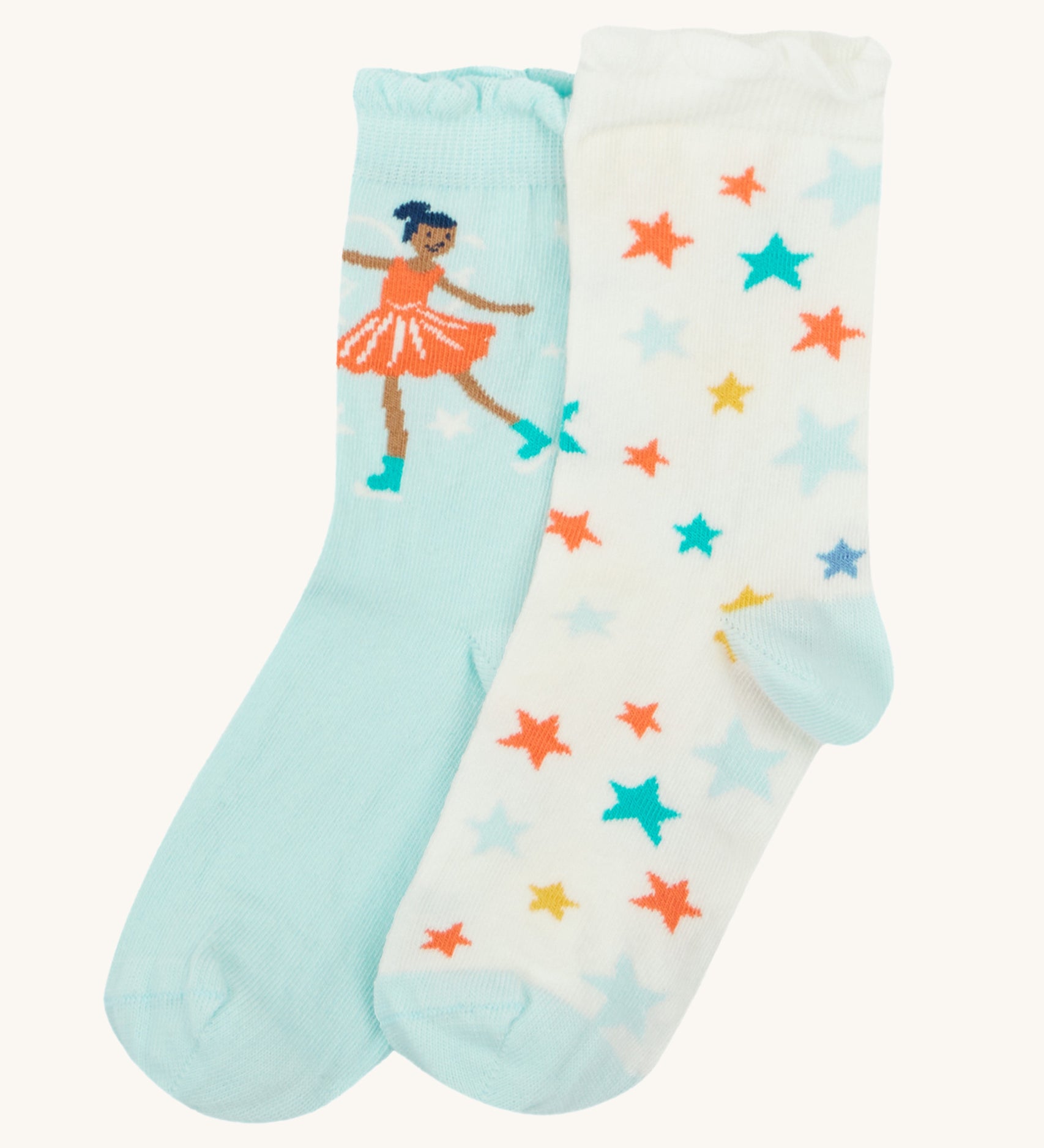 Frugi Frill Socks 2 Pack- Enchanted Forest. Two pairs or organic cotton socks, one in baby blue with an ice skating fairy, and one white with colourful star print