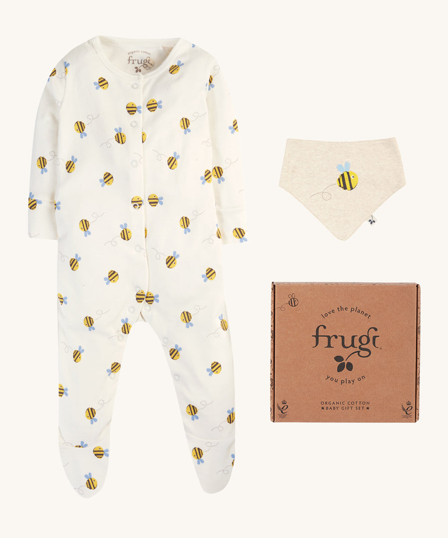 Frugi Baby Gift Set - Buzzy Bee. Gift set includes a babygrow, a bib and a gift box