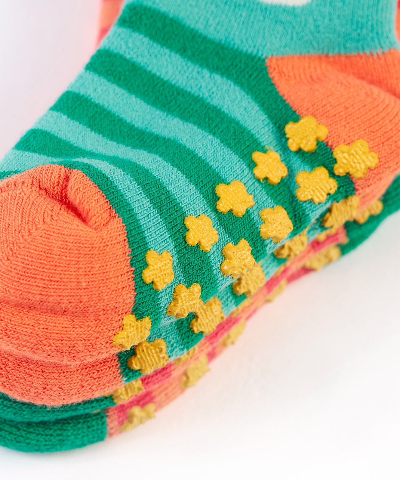 A closer look at the grippy dots on the bottom of the Frugi Grippy Socks 2 Pack - Giraffe