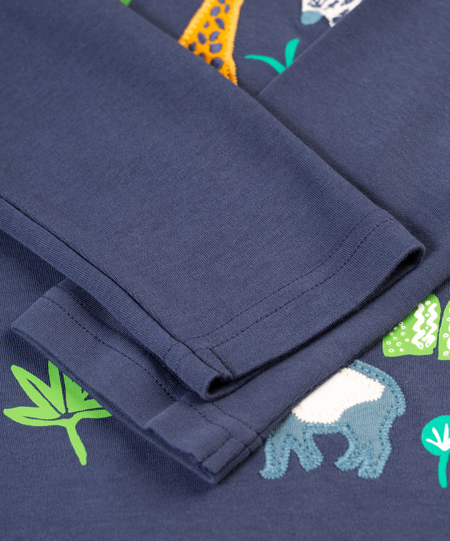 The sleeves of the Frugi Campfire Hooded Top - Navy Blue/Go Wild Animals