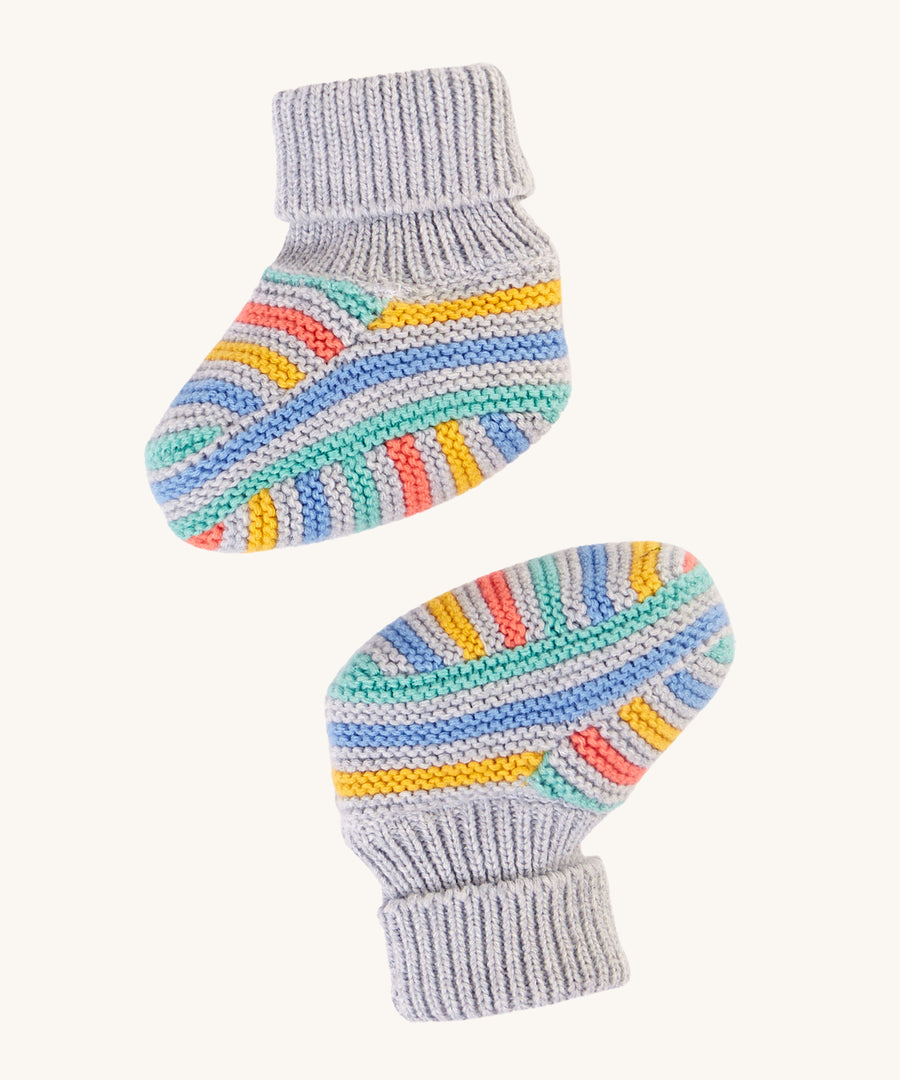 Frugi Briar Knitted Booties - Grey Marl Stripe. Lovely knitted grey booties with colourful stripes