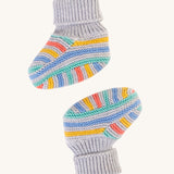 Frugi Briar Knitted Booties - Grey Marl Stripe. Lovely knitted grey booties with colourful stripes