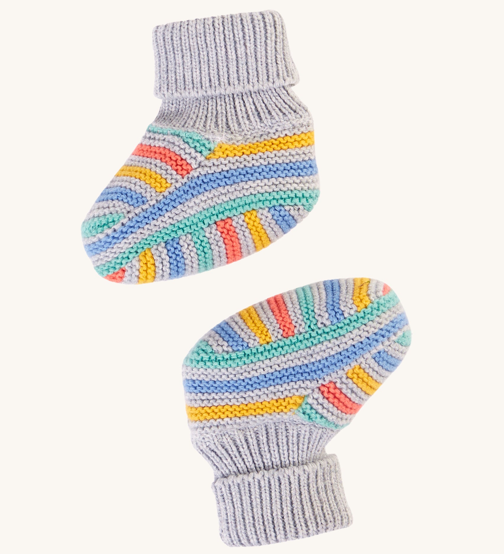 Frugi Briar Knitted Booties - Grey Marl Stripe. Lovely knitted grey booties with colourful stripes