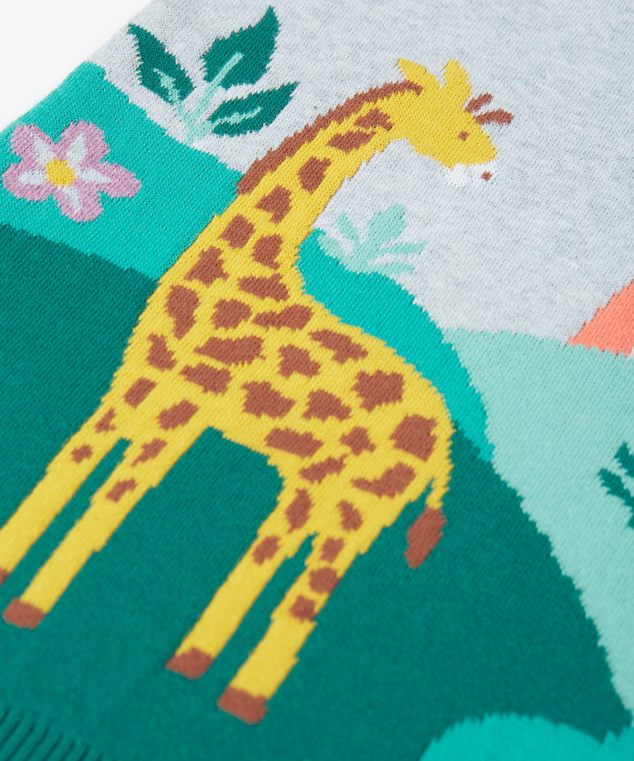 A look at the giraffe design on the Frugi Kiera Knitted Dress - Grey Marl/Giraffe