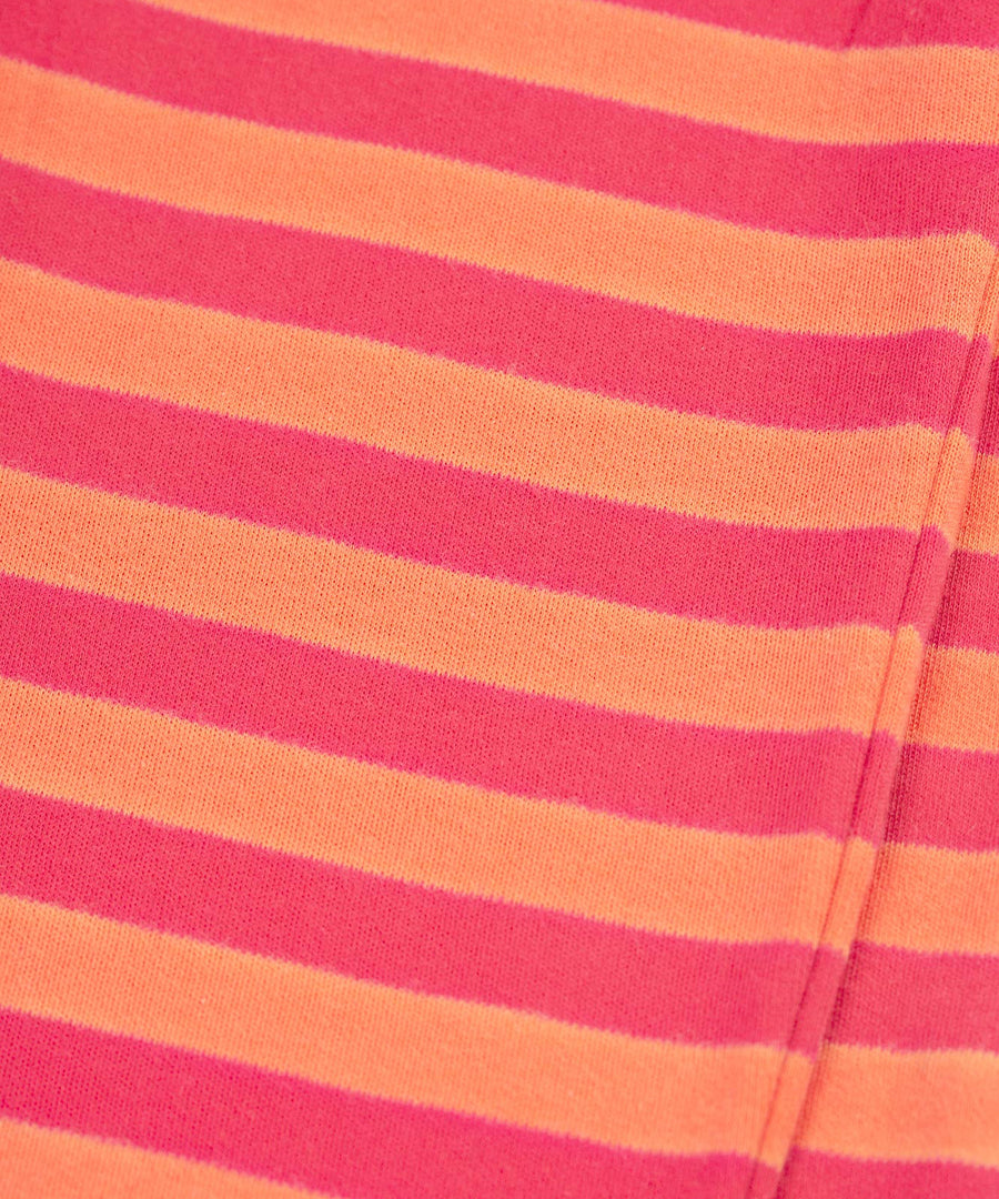 The pink and orange stripe print on the Frugi Jamie Jim Jams - Cantaloupe Stripe/Horse