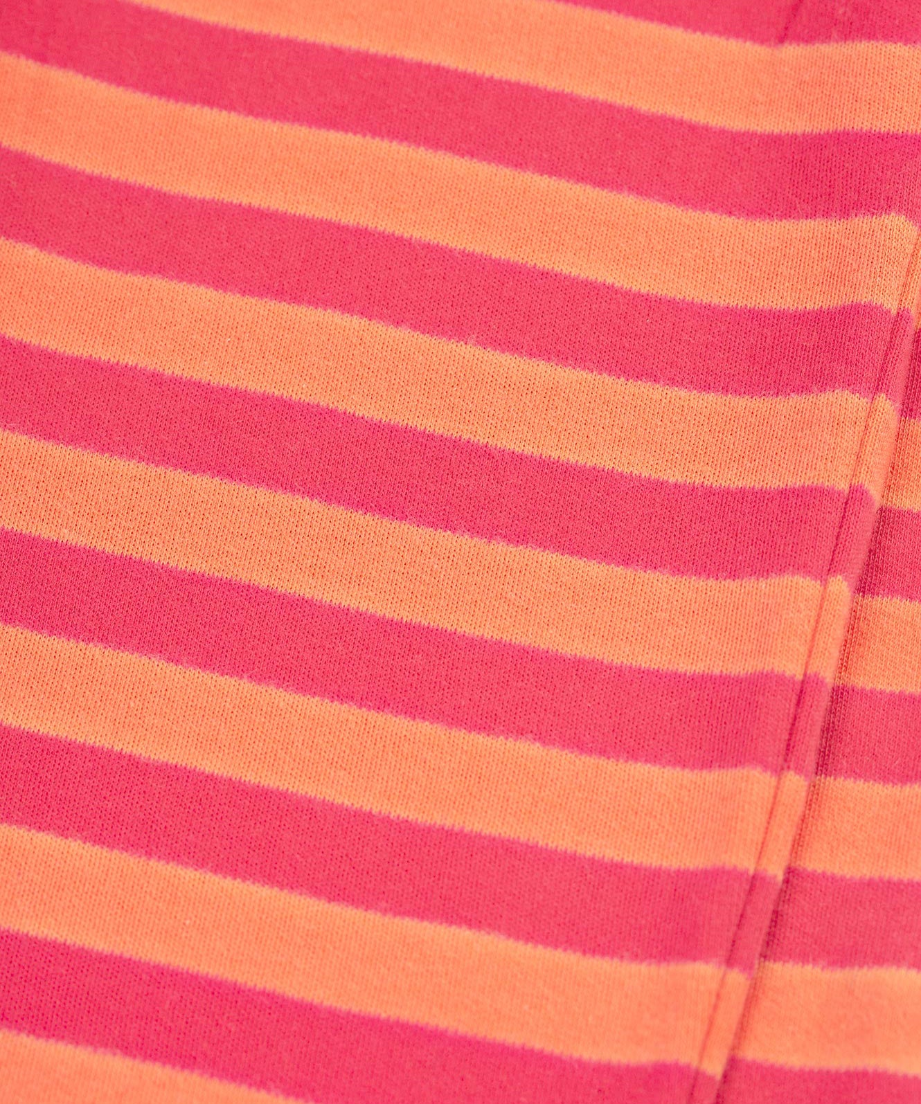 The pink and orange stripe print on the Frugi Jamie Jim Jams - Cantaloupe Stripe/Horse