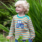 Frugi Orion Applique Top - Iguana Multi-Stripe/Tracteur