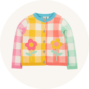 Frugi Maggie cardigan on cream background to represent Frugi jumpers and cardigans at Babipur.