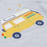 A closer look at the camper van applique on the Frugi Jamie Jim Jams - Iguana Stripe/Camper