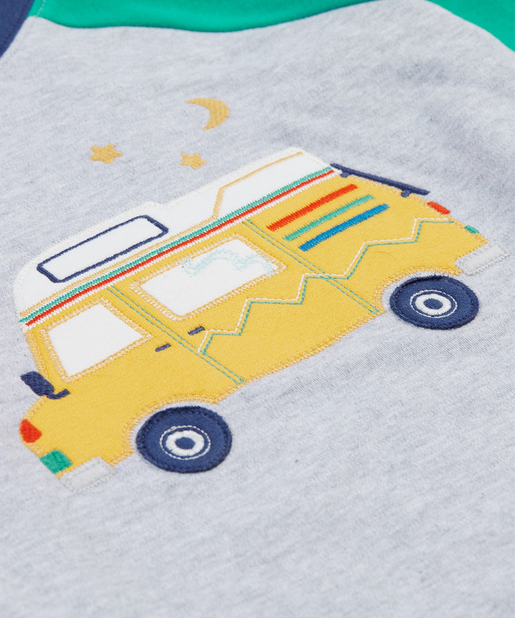 A closer look at the camper van applique on the Frugi Jamie Jim Jams - Iguana Stripe/Camper