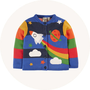 Frugi rocket cardigan on cream background to represent Frugi jumpers and cardigans range at Babipur.